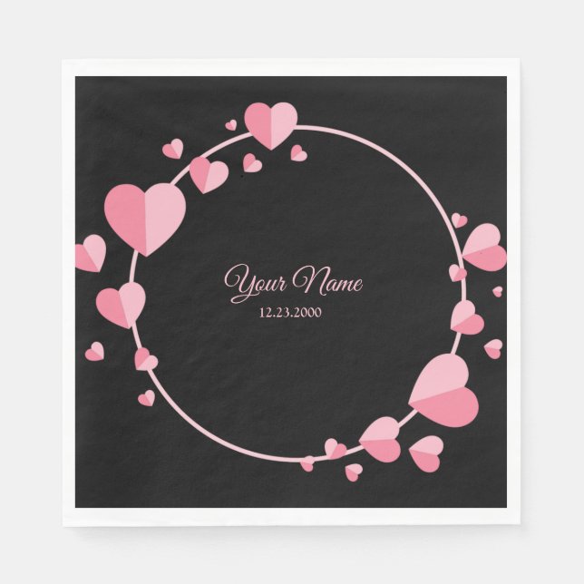 Servilleta De Papel Pink Heart Black Geometric Wedding Party Elegant (Anverso)