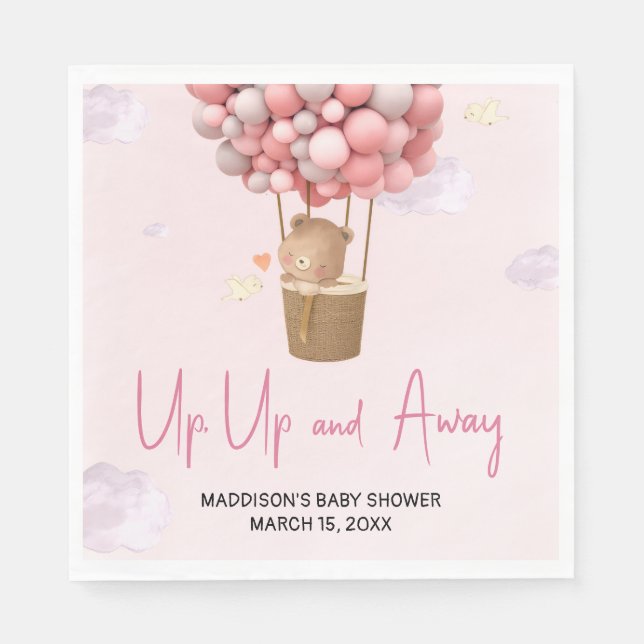 Servilleta De Papel Pink Hot Air Balloon Up and Away Baby Shower (Anverso)