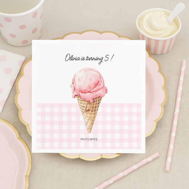 Servilleta De Papel Pink Ice Cream Cone Birthday Napkin | Personalized (Subido por el creador)