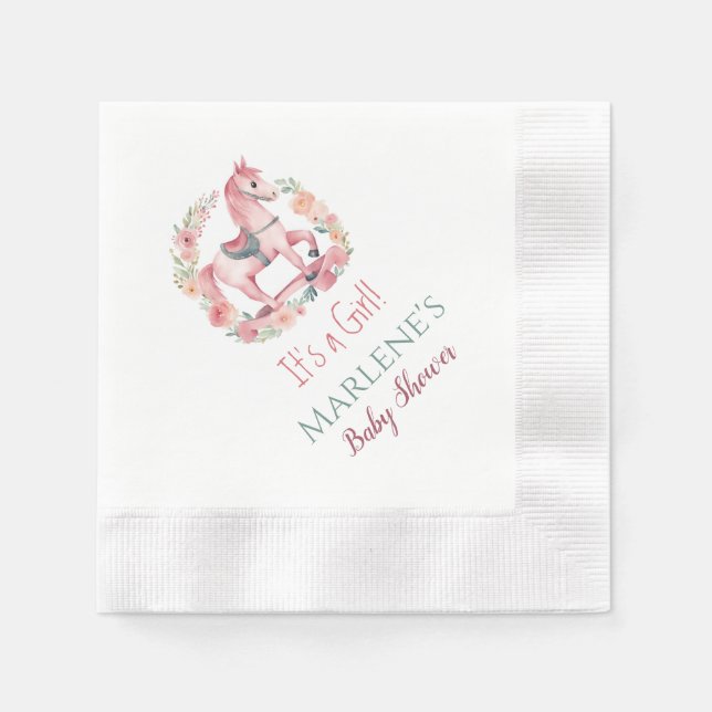 Servilleta De Papel Pink It's A Chica Rocking Horse Baby Shower Napkin (Anverso)
