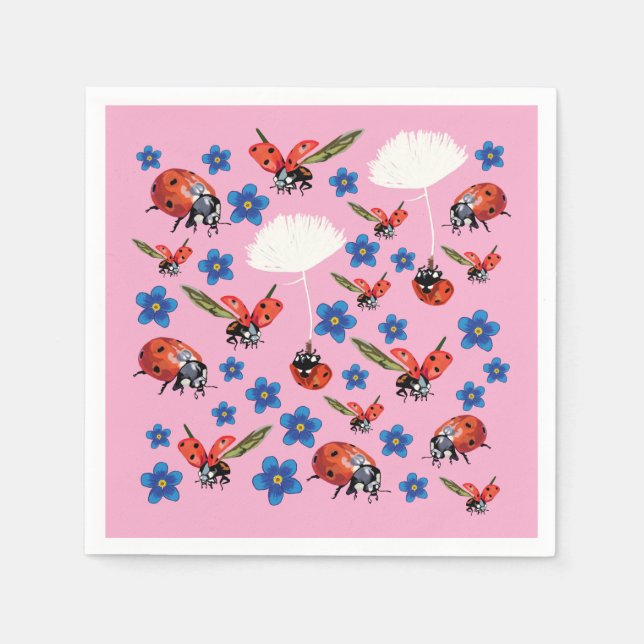 Servilleta De Papel Pink Ladybugs Cute Spring Napkins (Anverso)