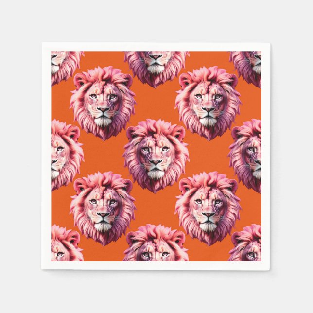 Servilleta De Papel Pink Lion Head Animal Pattern Design Orange  (Anverso)