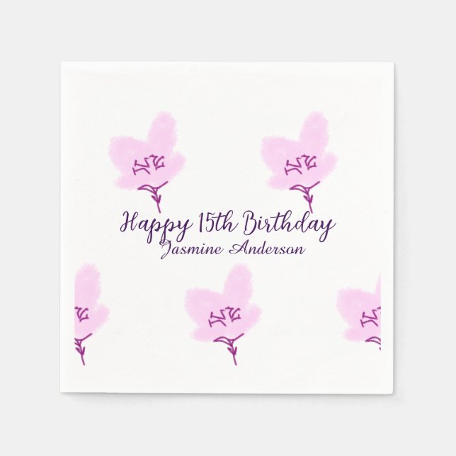 Servilleta De Papel Pink mauve floral 15th birthday quinceanera name d (Anverso)