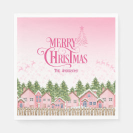 Servilleta De Papel Pink Merry Christmas Village Fiesta Papeles Napkin
