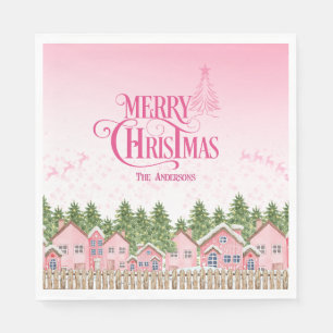 Servilleta De Papel Pink Merry Christmas Village Fiesta Papeles Napkin