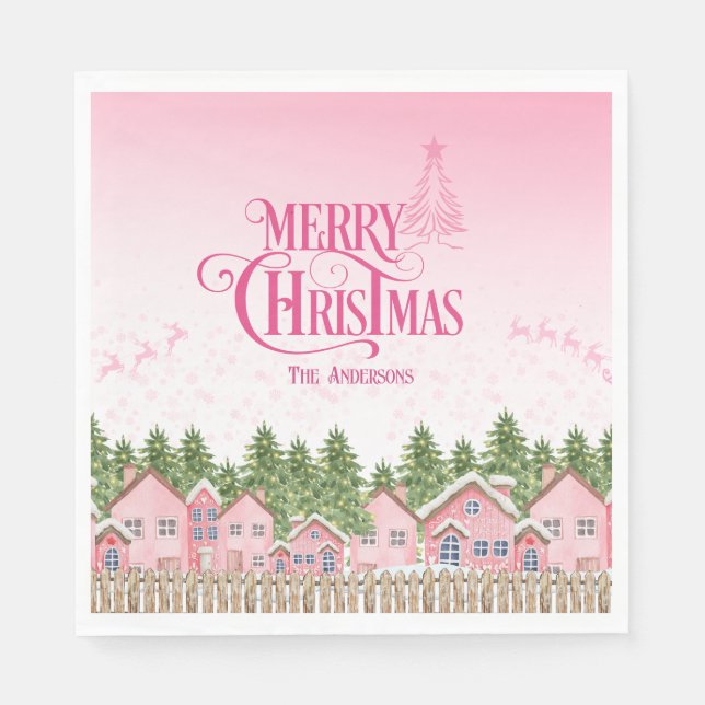 Servilleta De Papel Pink Merry Christmas Village Fiesta Papeles Napkin (Anverso)