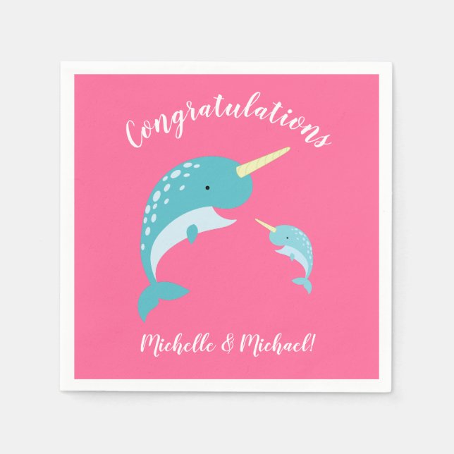 Servilleta De Papel Pink Narwhal Baby Shower (Anverso)