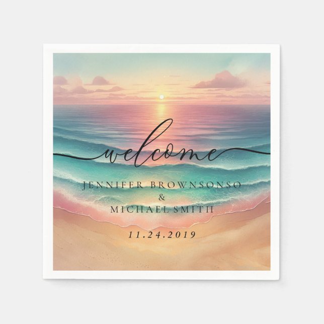 Servilleta De Papel Pink Ocean Beach Signature sunset Welcome Wedding (Anverso)