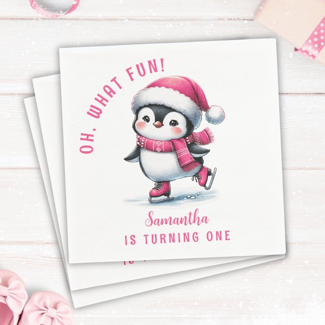 Servilleta De Papel Pink Oh Qué Divertido Chica Pingüino Primer Cumple (Subido por el creador)