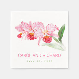 Servilleta De Papel Pink Orchids Watercolor Name Date Wedding