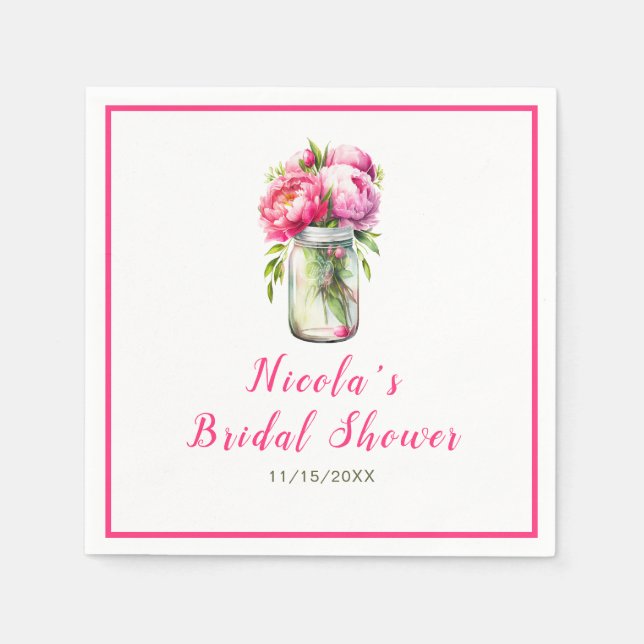 Servilleta De Papel Pink Peonies Mason Jar Bridal Shower (Anverso)