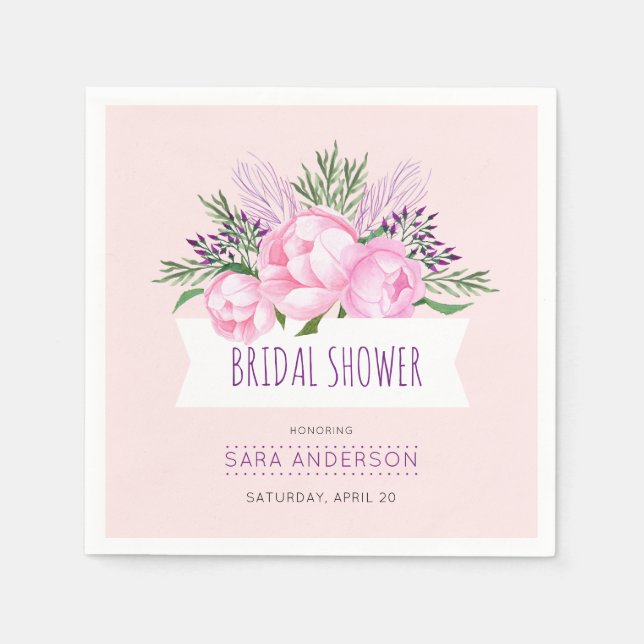 Servilleta De Papel Pink Peonies Watercolor Brilla Shower (Anverso)