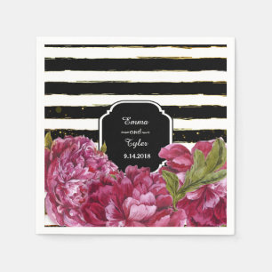 Servilleta De Papel Pink Peony Floral Black and White Stripe