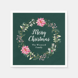 Servilleta De Papel Pink Poinsettia Wreath Feliz Navidad