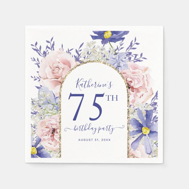 Servilleta De Papel Pink Purple Floral God Frame 75th Birthday Party (Anverso)