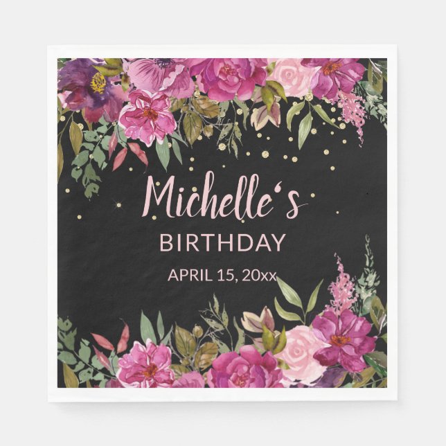 Servilleta De Papel Pink Purple Floral Gold Purpurina Black Birday (Anverso)