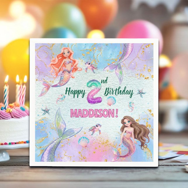 Servilleta De Papel Pink Purple Glitter Mermaids 2nd Birthday Party (Subido por el creador)