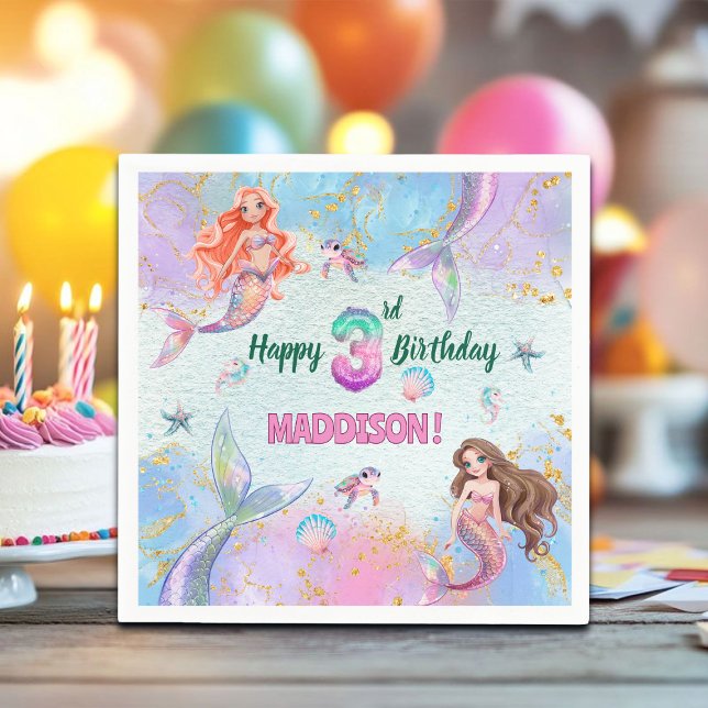 Servilleta De Papel Pink Purple Glitter Mermaids 3rd Birthday Party (Subido por el creador)