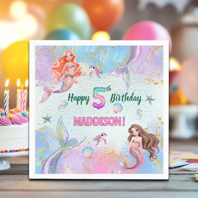 Servilleta De Papel Pink Purple Glitter Mermaids 5th Birthday Party (Subido por el creador)