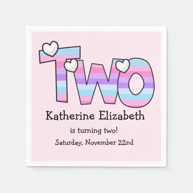 Servilleta De Papel Pink Purple Ombre Stripes Hearts Second Birday (Anverso)