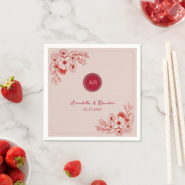 Servilleta De Papel Pink Red Floral Monogram Wedding