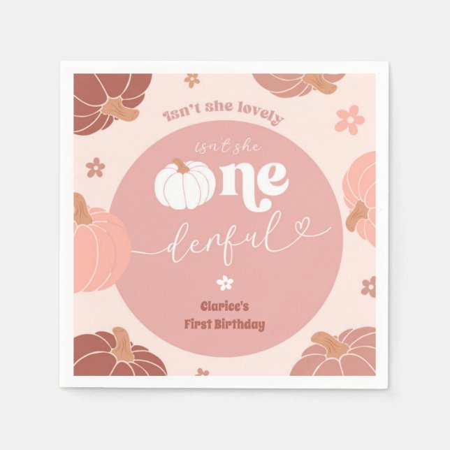 Servilleta De Papel Pink Retro Pumpkin 1st Birthday Paper Napkin (Anverso)