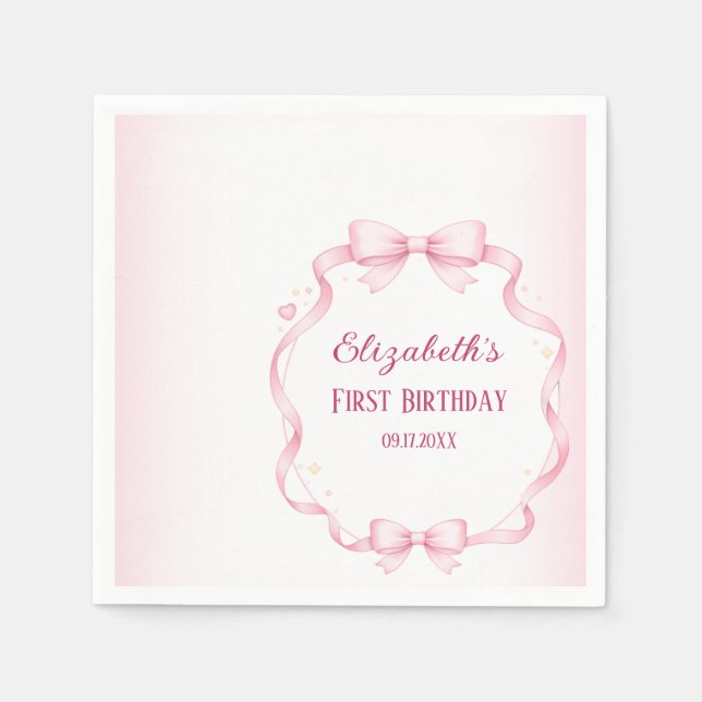 Servilleta De Papel Pink Ribbon Bow First Birthday Square Sticker (Anverso)