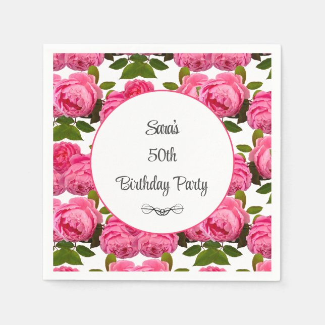 Servilleta De Papel Pink Rose Personalizada 50th Birthday Pary (Anverso)