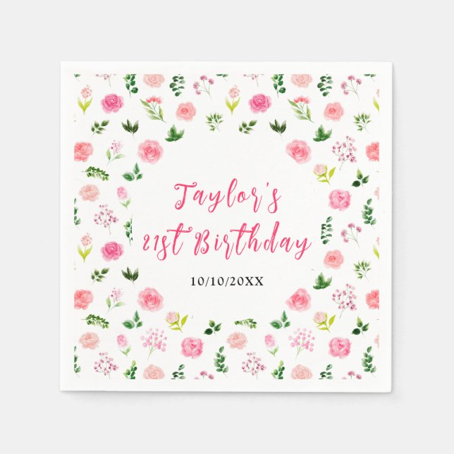 Servilleta De Papel Pink Roses Floral Birthday (Anverso)
