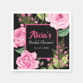 Servilleta De Papel Pink Roses on Black Bridal Shower Napkins