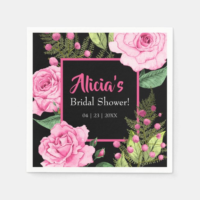 Servilleta De Papel Pink Roses on Black Bridal Shower Napkins (Anverso)