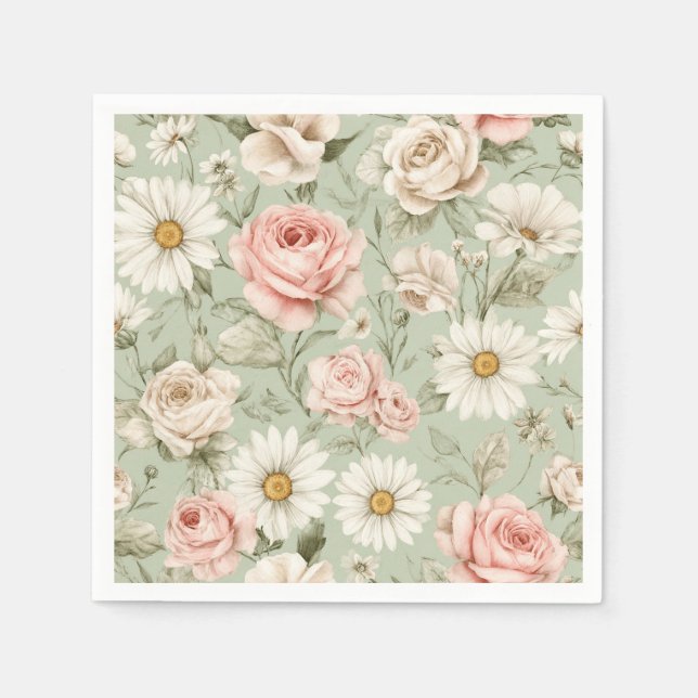 Servilleta De Papel Pink Roses White Daisies Floral  (Anverso)