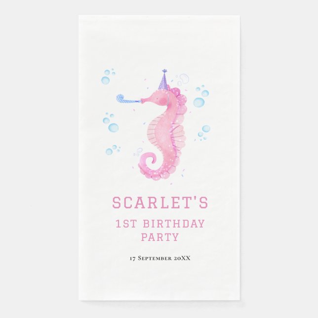 Servilleta De Papel Pink Seahorse 1st birthday (Anverso)