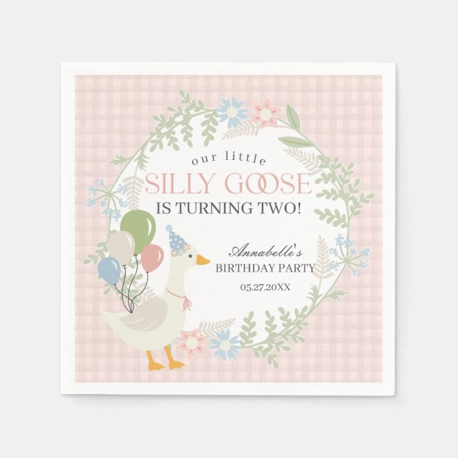 Servilleta De Papel Pink Silly Goose Floral Gingham Birthday (Anverso)