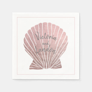 Servilleta De Papel Pink Silver Metallic Seashell Name Beach Wedding