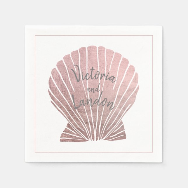 Servilleta De Papel Pink Silver Metallic Seashell Name Beach Wedding (Anverso)