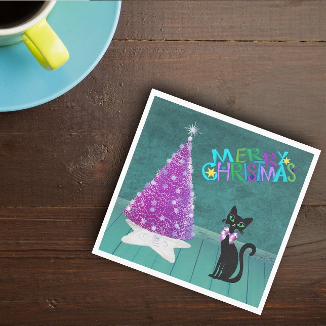 Servilleta De Papel Pink Silver Mid Century Chistmas Tree Cat Teal (Pink Silver Tree black cat with bow Teal room on Merry Christmas paper napkins.)