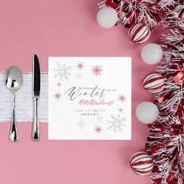 Servilleta De Papel Pink Silver Winter Snowflakes 1st Birthday 