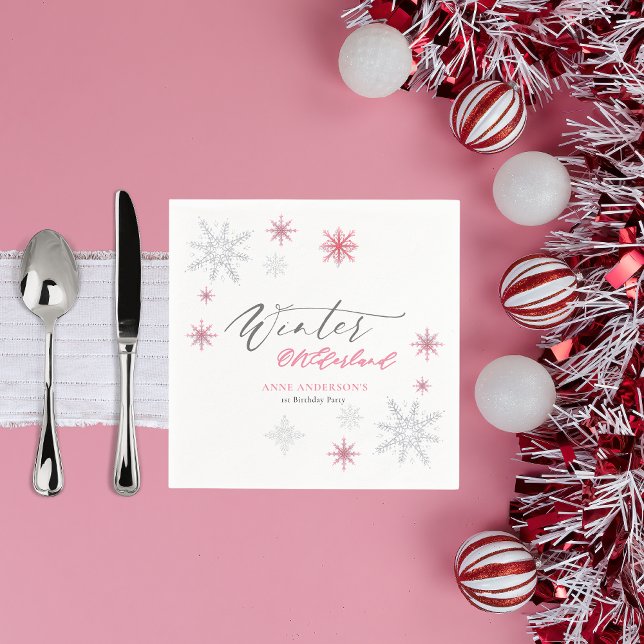 Servilleta De Papel Pink Silver Winter Snowflakes 1st Birthday  (Subido por el creador)