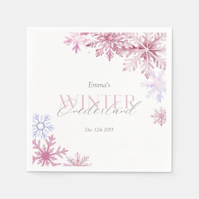 Servilleta De Papel Pink Snowflake Winter Wonderland First Birthday  (Anverso)