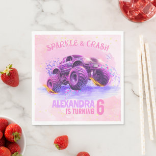 Servilleta De Papel Pink Sparkle and Crash Monster Truck Girl Birthday