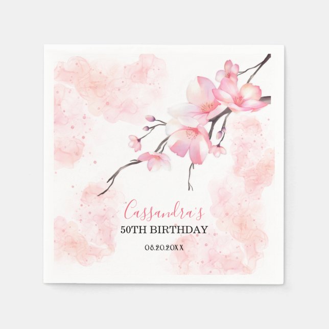 Servilleta De Papel Pink Splash Cherry Blossom Floral Cumpleaños (Anverso)
