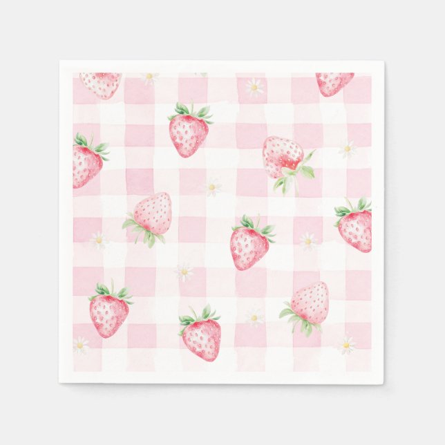 Servilleta De Papel Pink Strawberries Gingham Berry First 1st Birthday (Anverso)