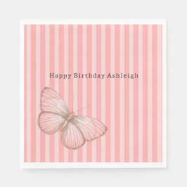Servilleta De Papel Pink Stripes with Butterfly Birthday