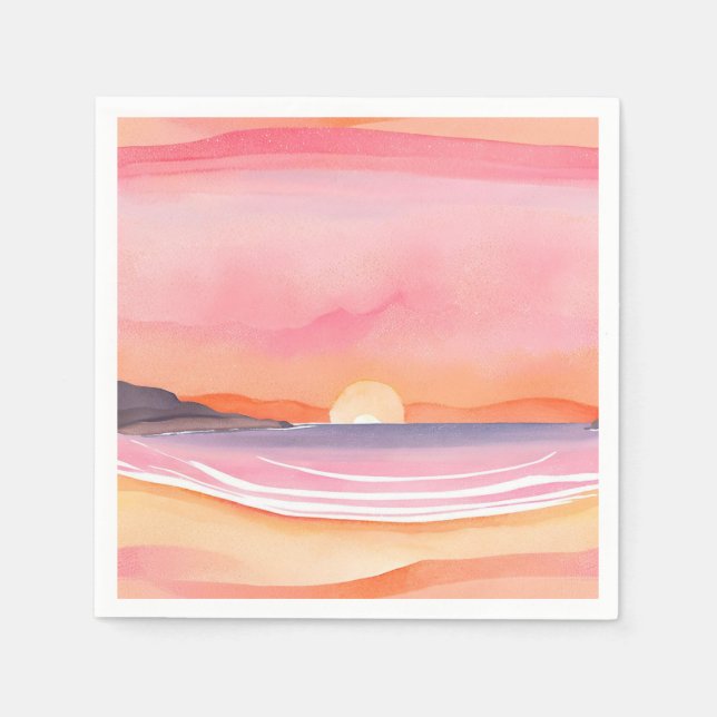 Servilleta De Papel Pink Sunset | Watercolor Beach Sky Painting (Anverso)