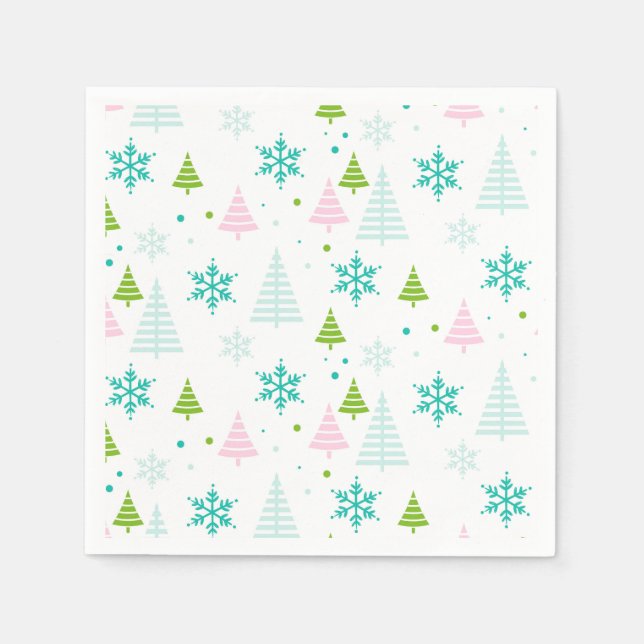 Servilleta De Papel Pink Teal Green Trees Modern Christmas  (Anverso)