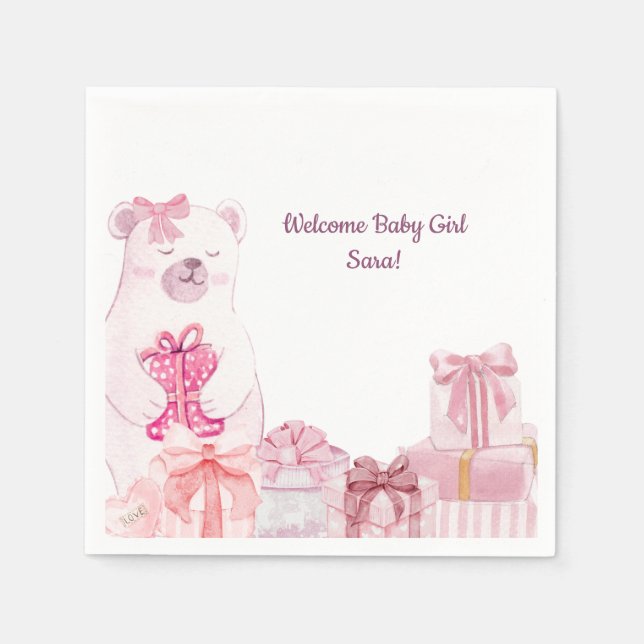 Servilleta De Papel Pink Teddy Bear Baby Shower Napkin (Anverso)