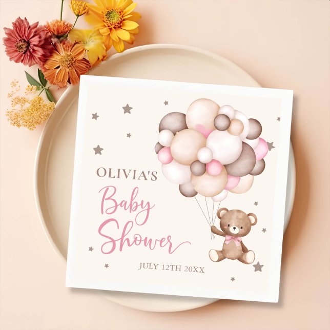Servilleta De Papel Pink Teddy Bear Balloon Baby Shower Napkins (Subido por el creador)