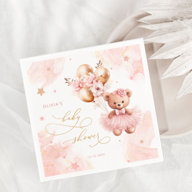 Servilleta De Papel Pink Teddy Bear Balloon Bearly Wait Baby Shower (Subido por el creador)