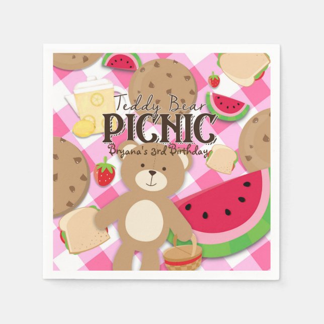 Servilleta De Papel Pink Teddy Bear Picnic Summer Birday Party (Anverso)